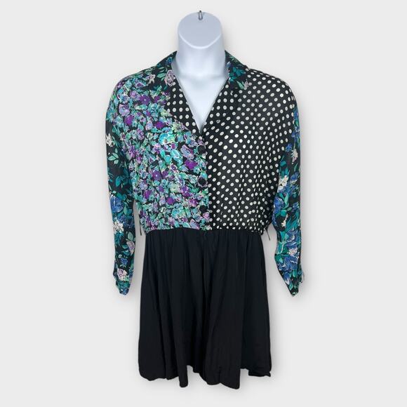 90s chiffon floral patchwork polka dot romper set long sleeve XL Black Blue - Picture 1 of 8